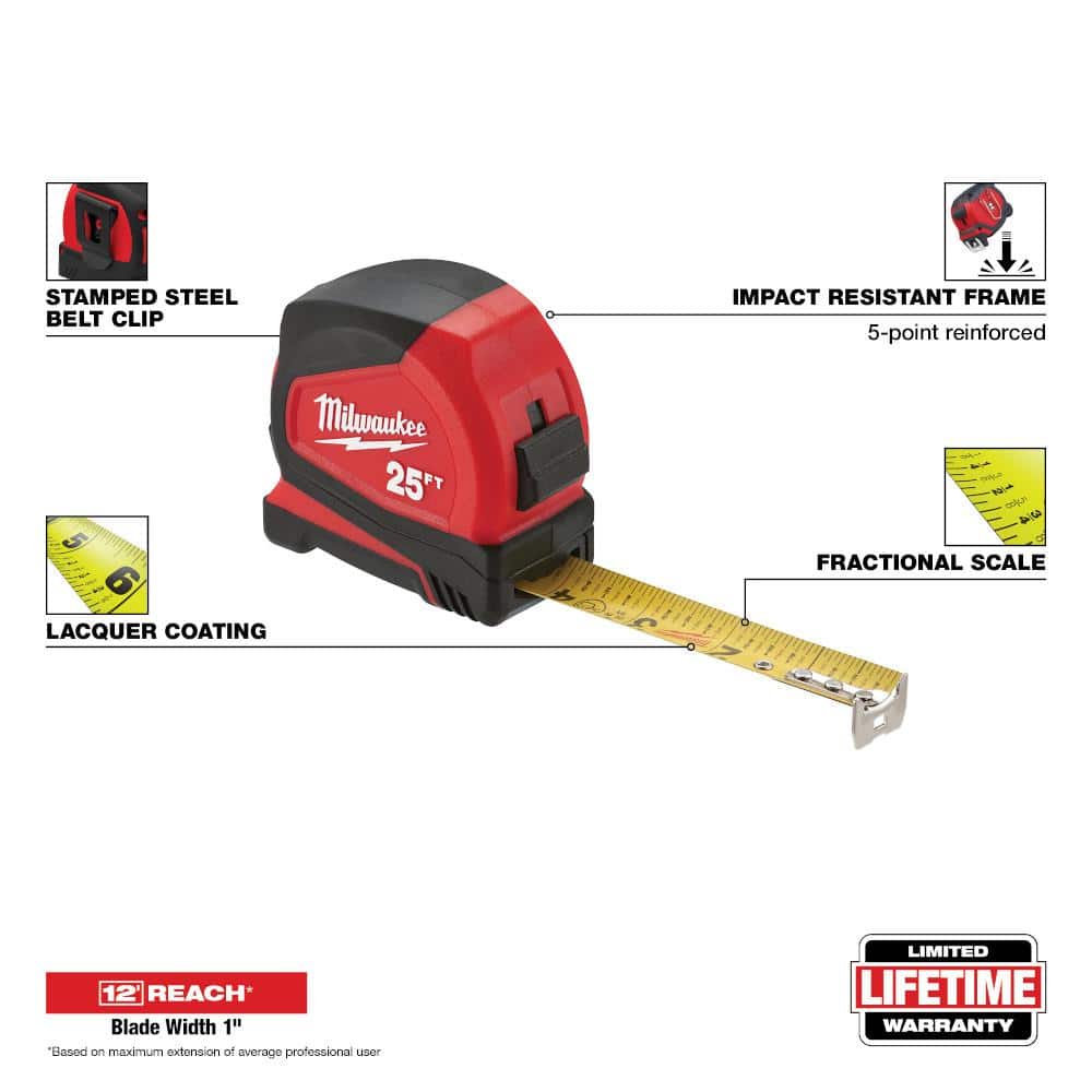 Compact 25 ft. SAE Tape Measure with Fractional Scale and 9 ft. Standout