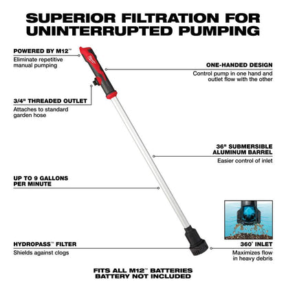M12 12-Volt Lithium-Ion Cordless 9 GPM 0 hp. Submersible Stick Water Transfer Pump (Tool Only)